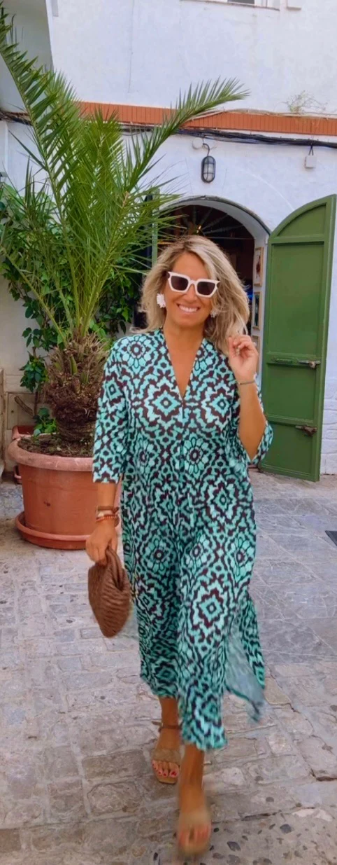 Vestido Frida marrón-turquesa <b>*EN FABRICACIÓN, SEMANA ESTIMADA DE ENVÍO 20 DE JULIO*</b>